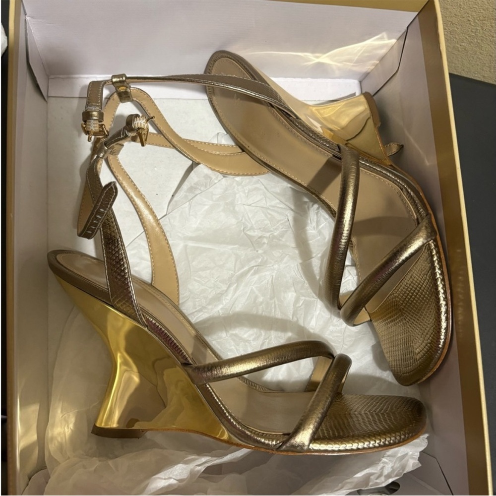 Michael Kors Nadine Embossed Gold Metallic Wedge Heel Sandals